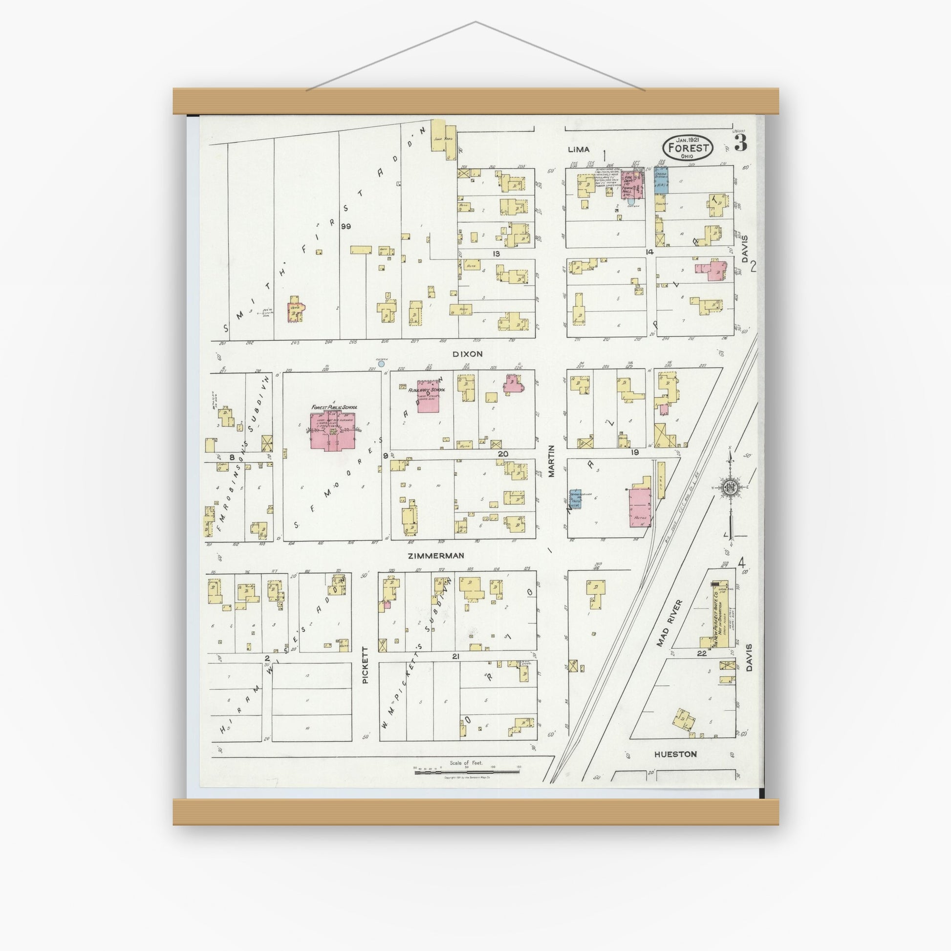 Old map wall art mockup — magnetic wood frame on white wall — Sanborn Fire Insurance Map from Forest, Hardin County, Ohio (1921), Sheet #0003