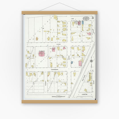 Old map wall art mockup — magnetic wood frame on white wall — Sanborn Fire Insurance Map from Forest, Hardin County, Ohio (1921), Sheet #0003