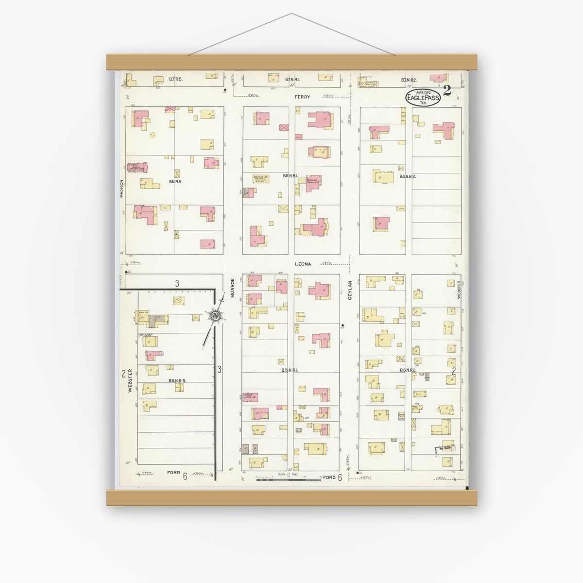 Old map wall art mockup — magnetic wood frame on white wall — Sanborn Fire Insurance Map from Eagle Pass, Maverick County, Texas (1916), Sheet #0002