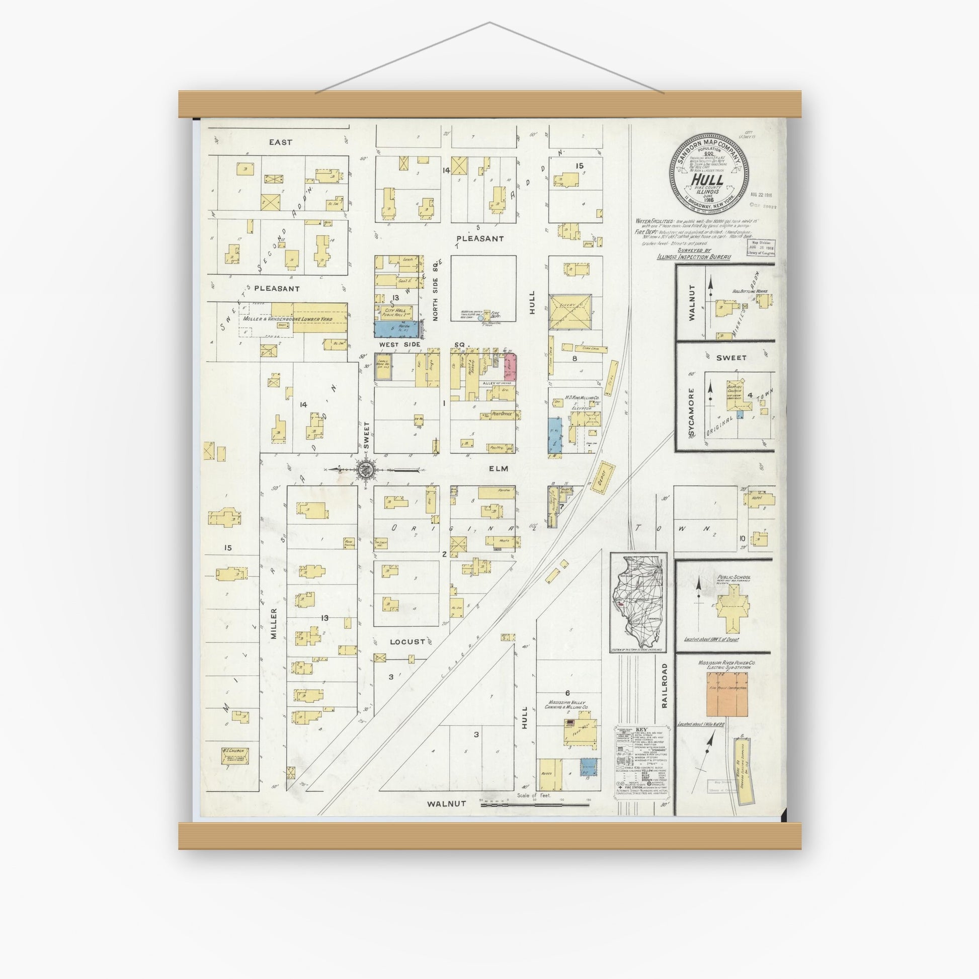 Old map wall art mockup — magnetic wood frame on white wall — Sanborn Fire Insurance Map from Hull, Pike County, Illinois (1916), Sheet #0001