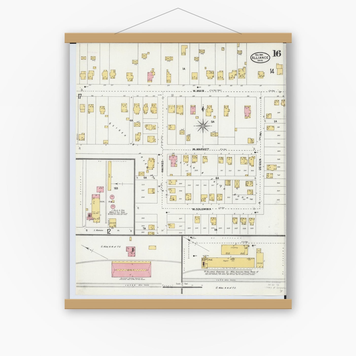 Old map wall art mockup — magnetic wood frame on white wall — Sanborn Fire Insurance Map from Alliance, Stark County, Ohio (1904), Sheet #0016