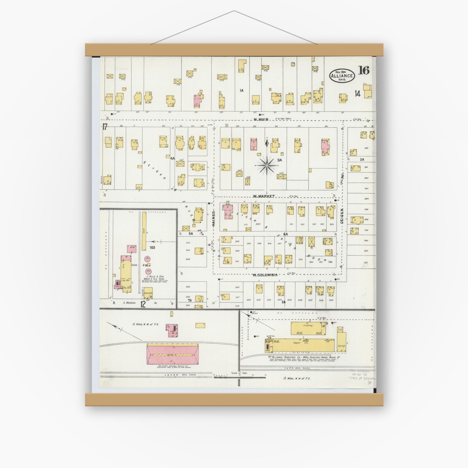 Old map wall art mockup — magnetic wood frame on white wall — Sanborn Fire Insurance Map from Alliance, Stark County, Ohio (1904), Sheet #0016