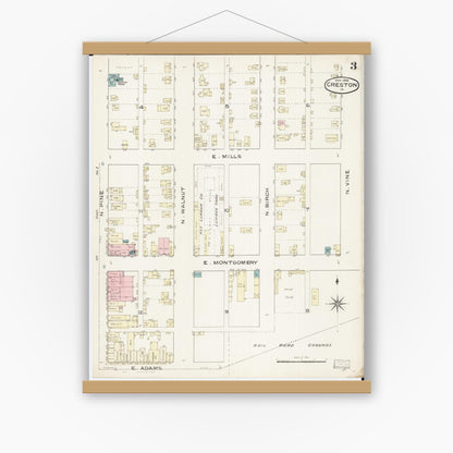 Old map wall art mockup — magnetic wood frame on white wall — Sanborn Fire Insurance Map from Creston, Union County, Iowa (1886), Sheet #0003