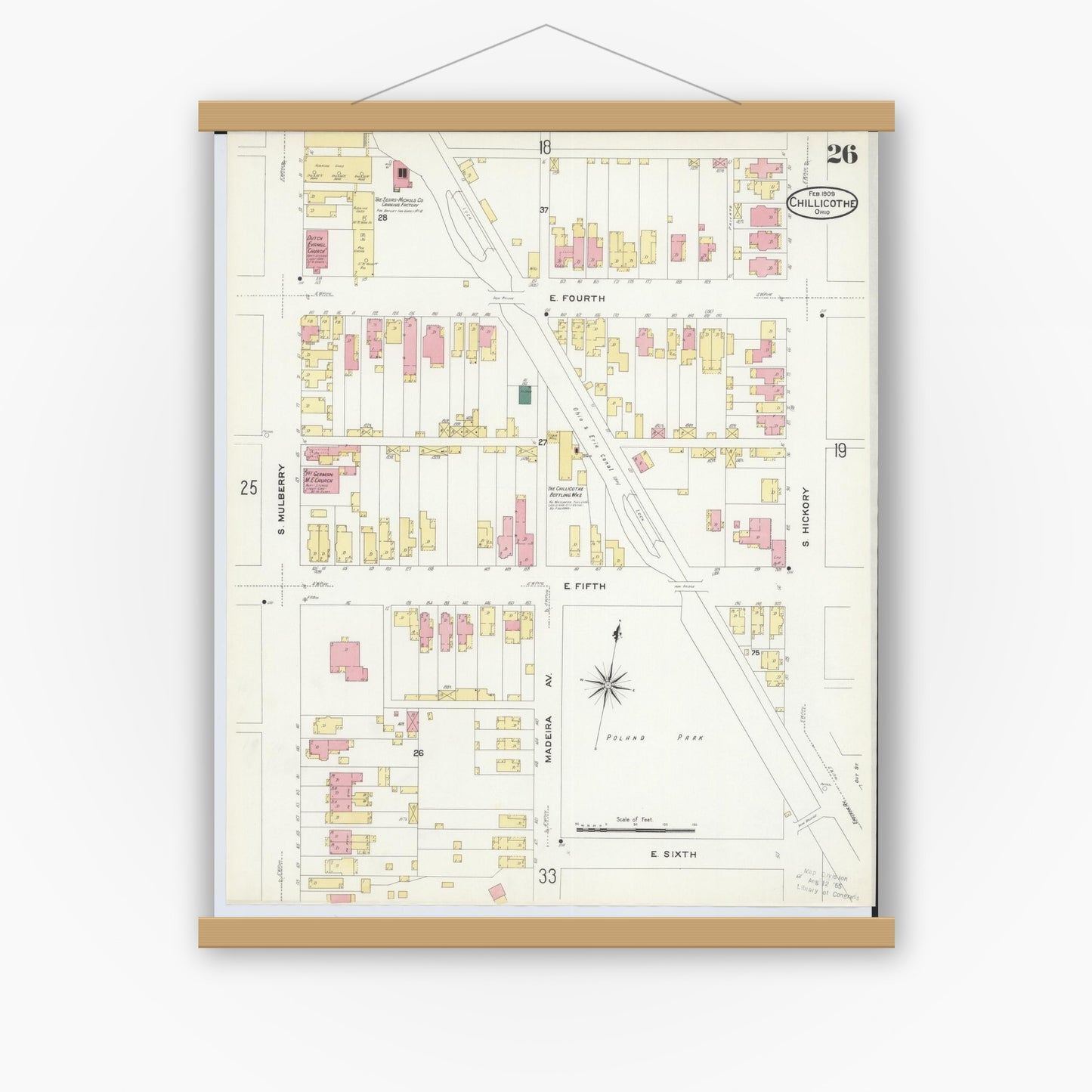Old map wall art mockup — magnetic wood frame on white wall — Sanborn Fire Insurance Map from Chillicothe, Ross County, Ohio (1909), Sheet #0026