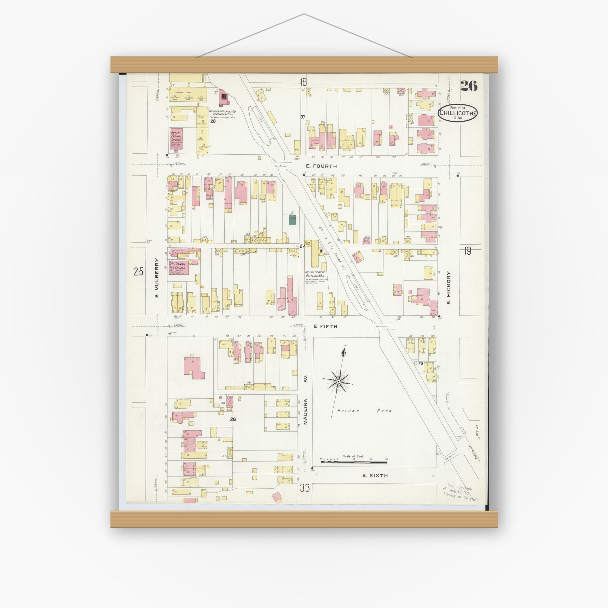 Old map wall art mockup — magnetic wood frame on white wall — Sanborn Fire Insurance Map from Chillicothe, Ross County, Ohio (1909), Sheet #0026