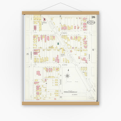 Old map wall art mockup — magnetic wood frame on white wall — Sanborn Fire Insurance Map from Chillicothe, Ross County, Ohio (1909), Sheet #0026
