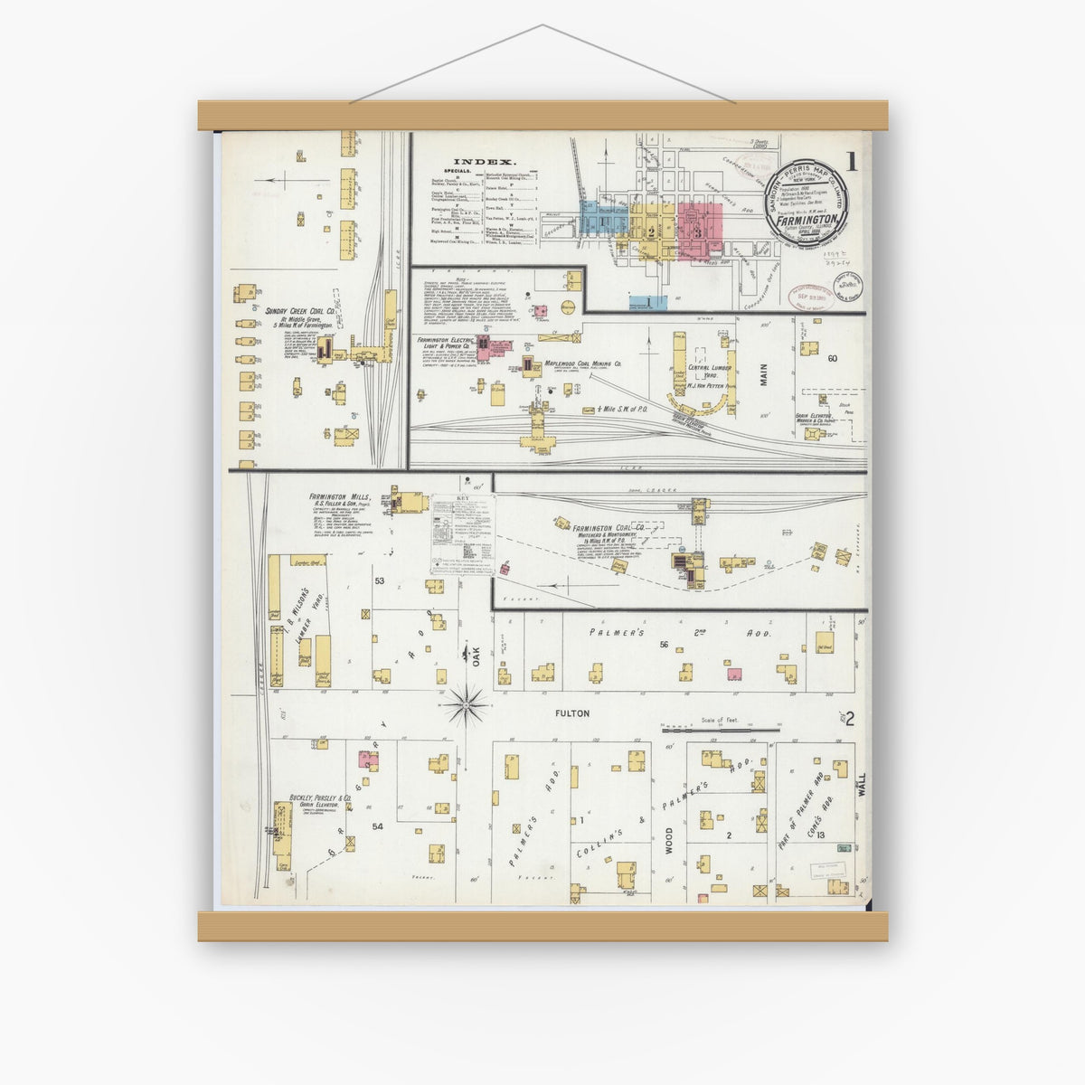 Old map wall art mockup — magnetic wood frame on white wall — Sanborn Fire Insurance Map from Farmington, Fulton County, Illinois (1899), Sheet #0001