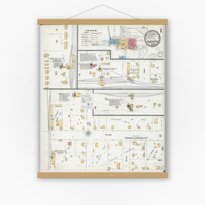 Old map wall art mockup — magnetic wood frame on white wall — Sanborn Fire Insurance Map from Farmington, Fulton County, Illinois (1899), Sheet #0001