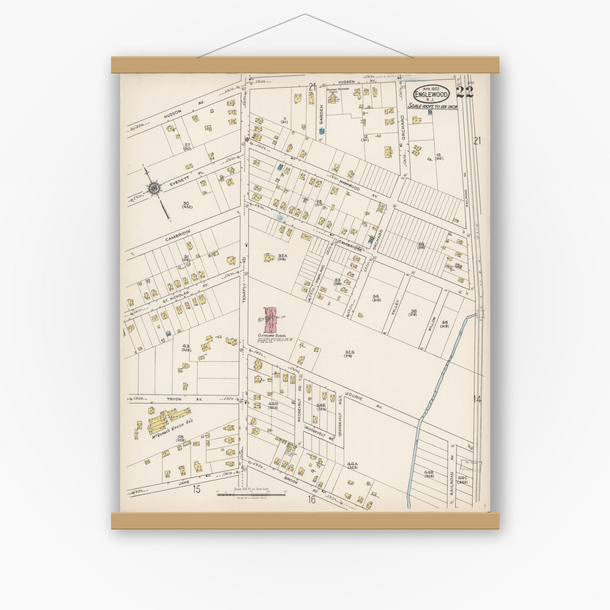Old map wall art mockup — magnetic wood frame on white wall — Sanborn Fire Insurance Map from Englewood, Bergen County, New Jersey (1922), Sheet #0022