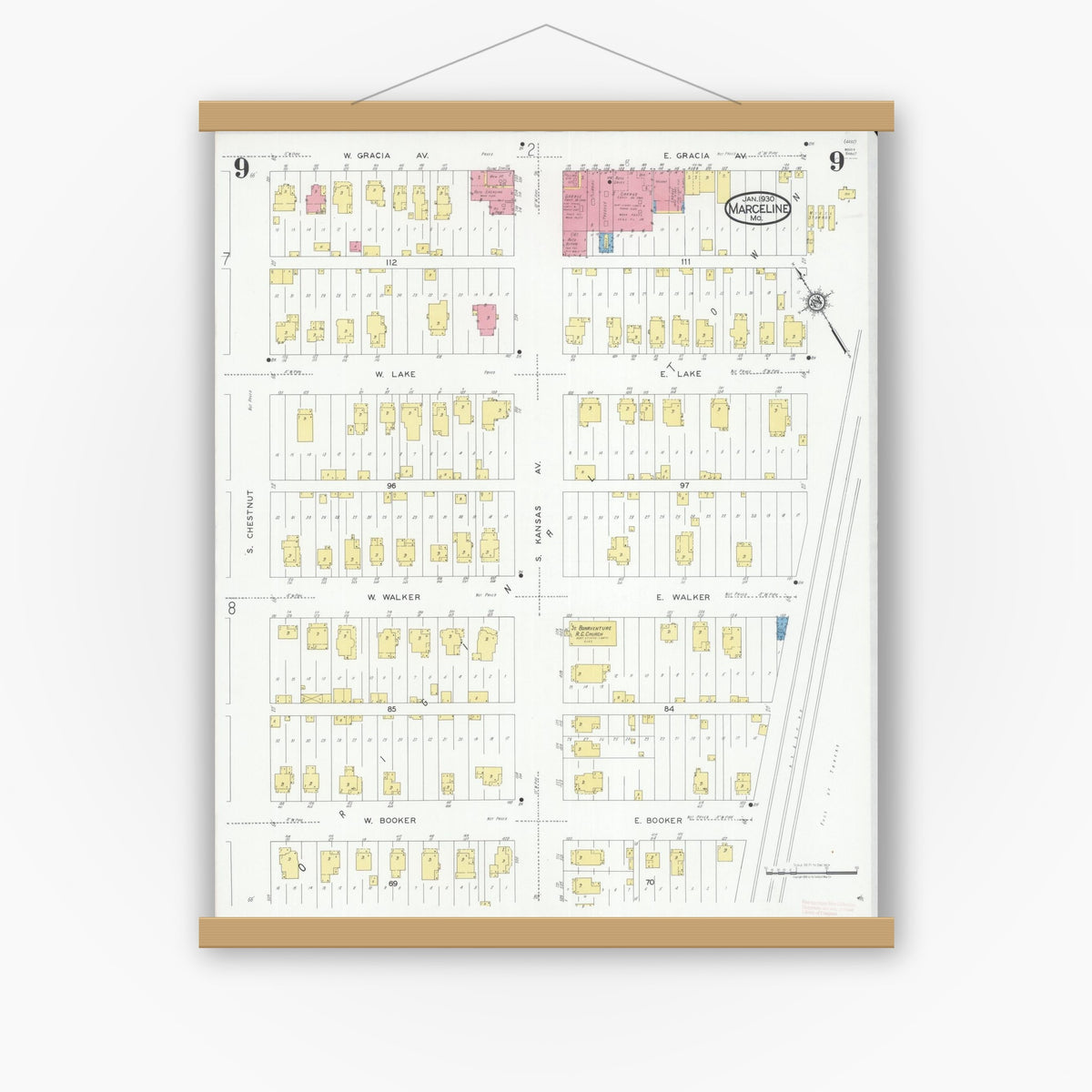 Old map wall art mockup — magnetic wood frame on white wall — Sanborn Fire Insurance Map from Marceline, Linn County, Missouri (1930), Sheet #0009