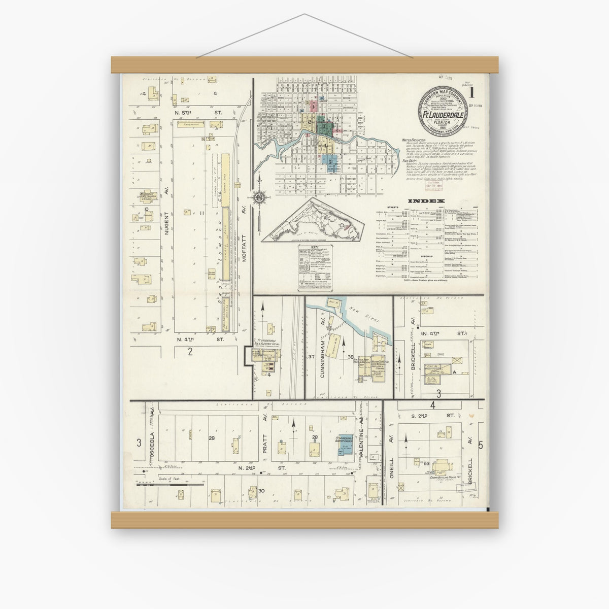 Old map wall art mockup — magnetic wood frame on white wall — Sanborn Fire Insurance Map from Fort Lauderdale, Broward County, Florida (1914), Sheet #0001