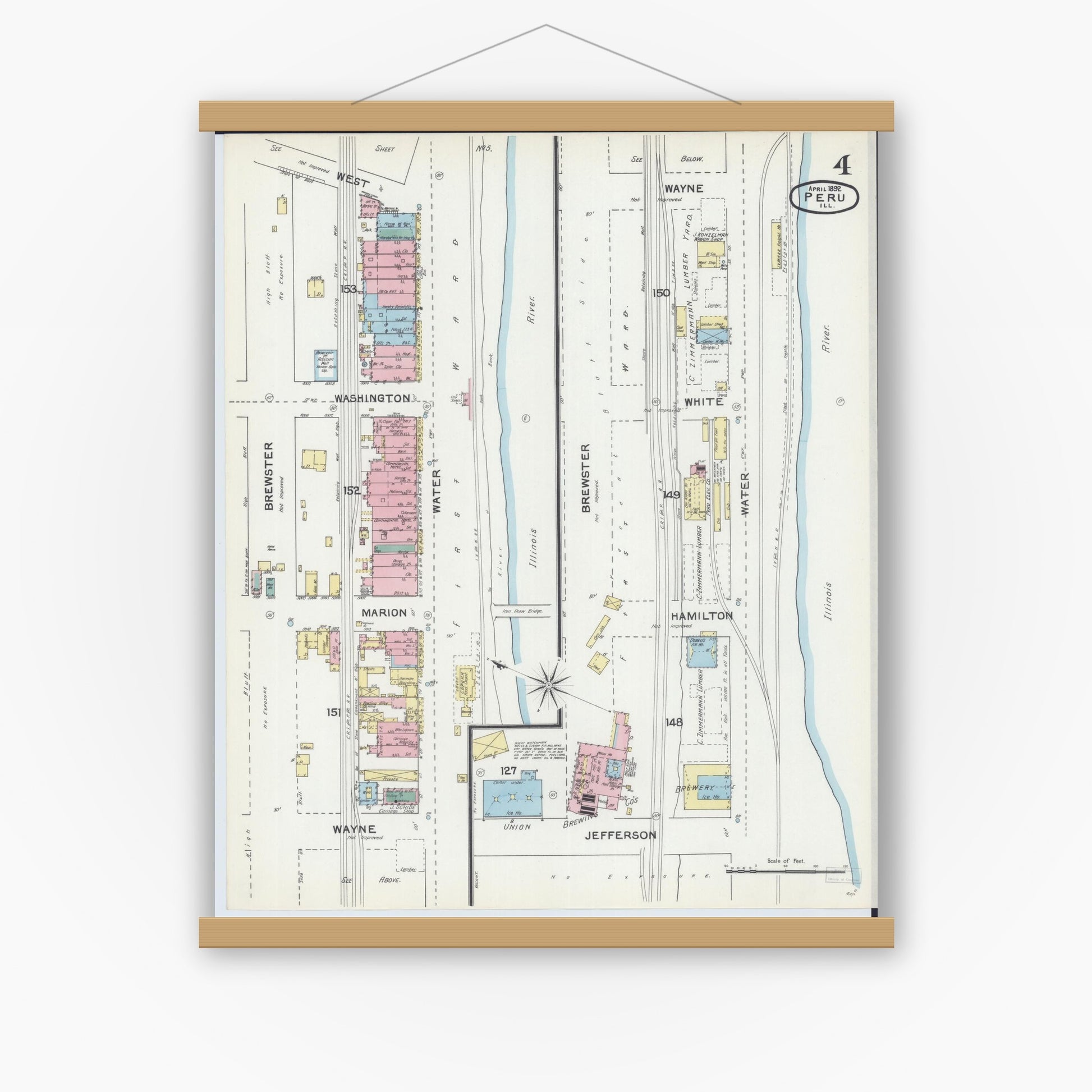 Old map wall art mockup — magnetic wood frame on white wall — Sanborn Fire Insurance Map from Peru, La Salle County, Illinois (1892), Sheet #0004