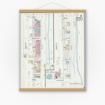 Old map wall art mockup — magnetic wood frame on white wall — Sanborn Fire Insurance Map from Peru, La Salle County, Illinois (1892), Sheet #0004