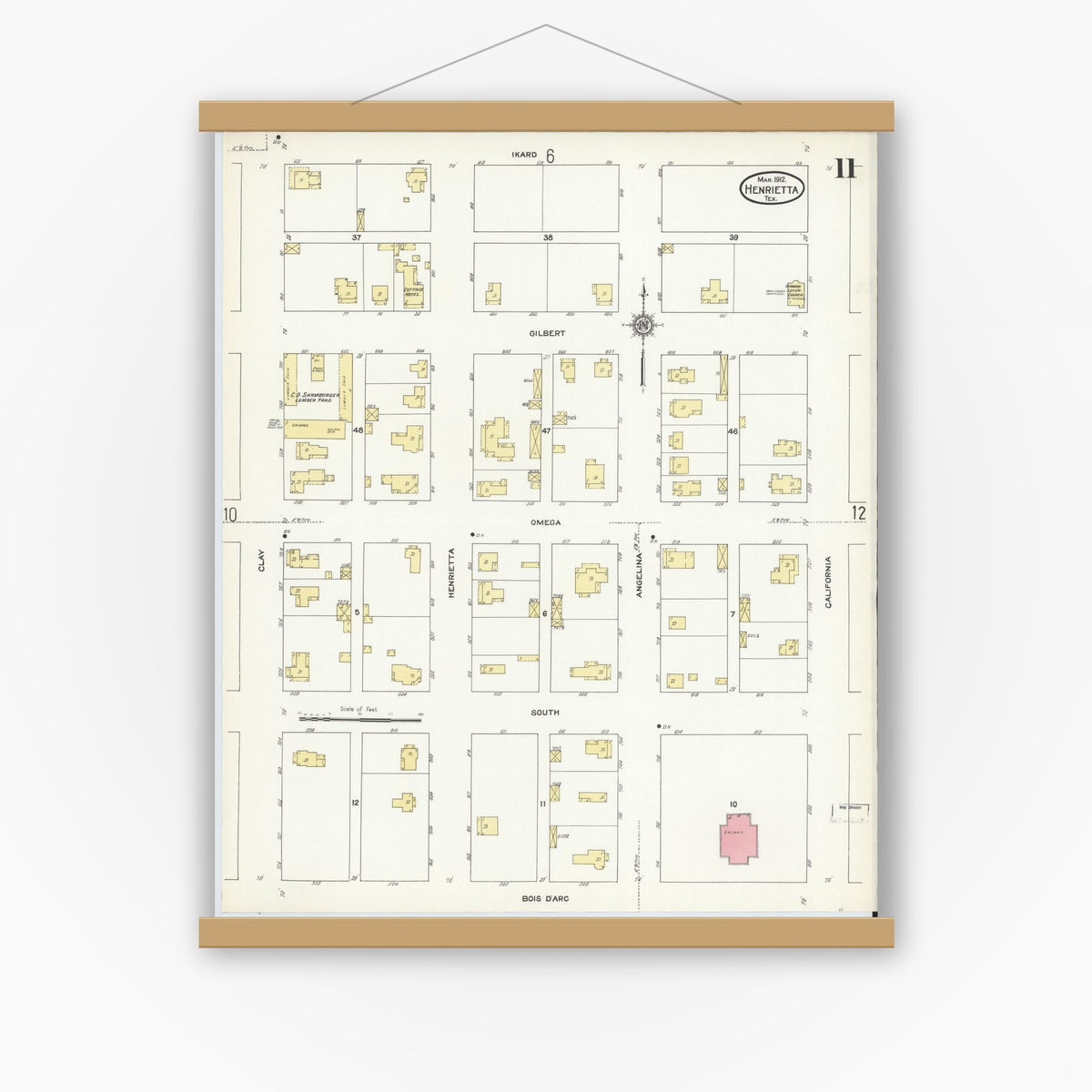 Old map wall art mockup — magnetic wood frame on white wall — Sanborn Fire Insurance Map from Henrietta, Clay County, Texas (1912), Sheet #0011