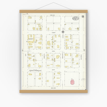 Old map wall art mockup — magnetic wood frame on white wall — Sanborn Fire Insurance Map from Henrietta, Clay County, Texas (1912), Sheet #0011