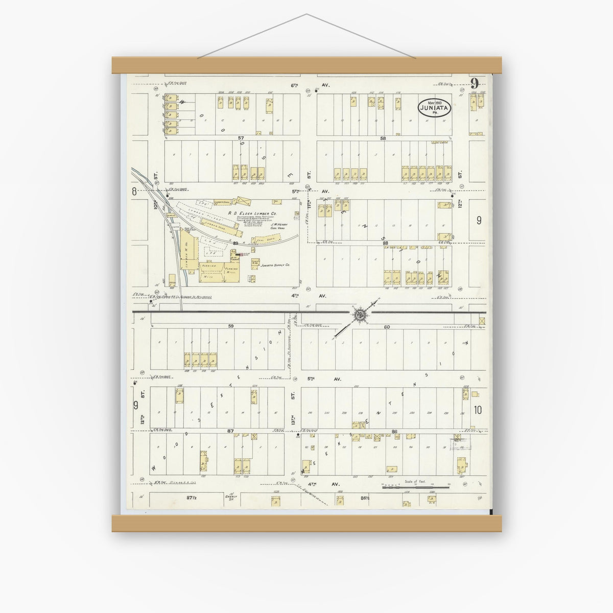 Old map wall art mockup — magnetic wood frame on white wall — Sanborn Fire Insurance Map from Juniata, Blair County, Pennsylvania (1910), Sheet #0009