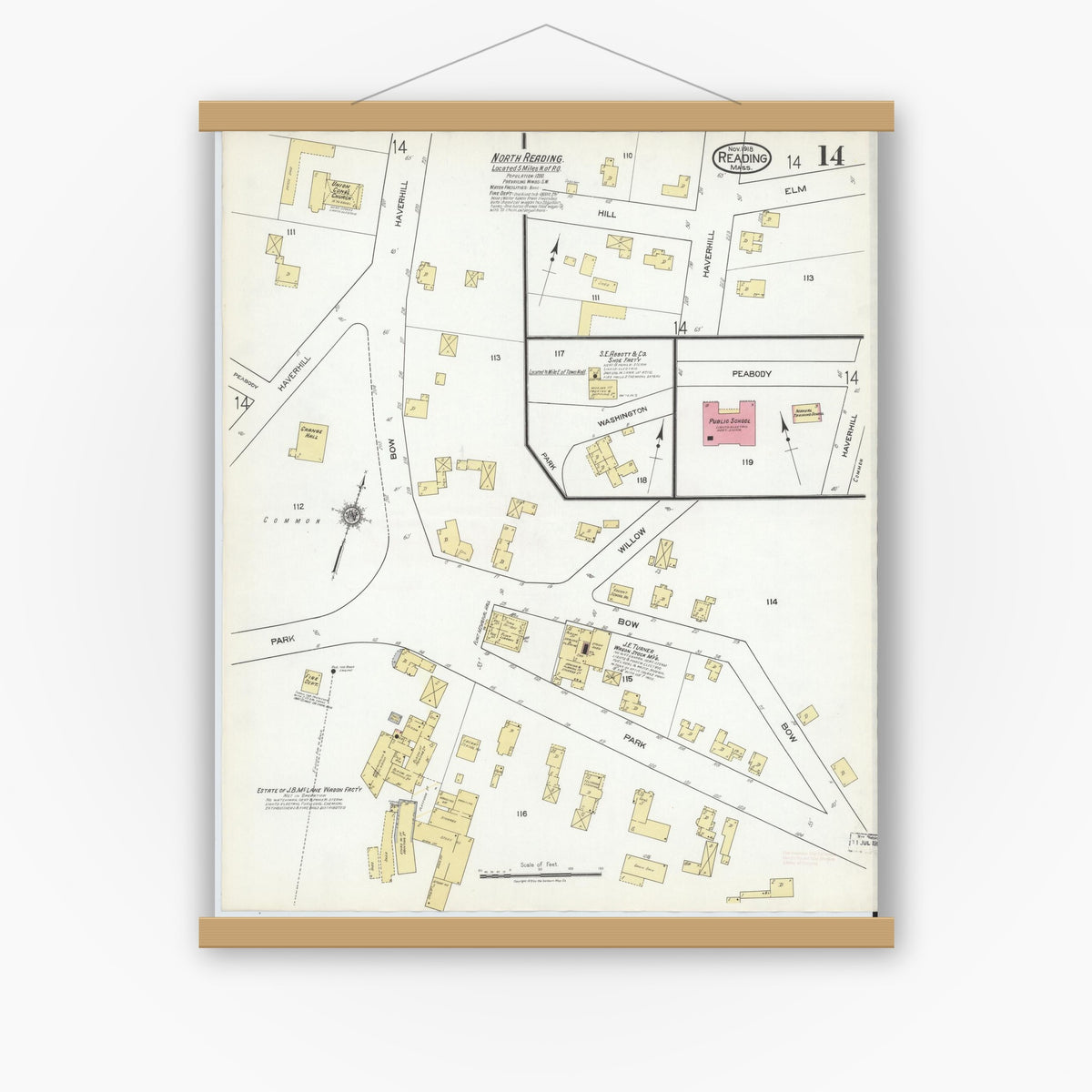 Old map wall art mockup — magnetic wood frame on white wall — Sanborn Fire Insurance Map from Reading, Middlesex County, Massachusetts (1918), Sheet #0014