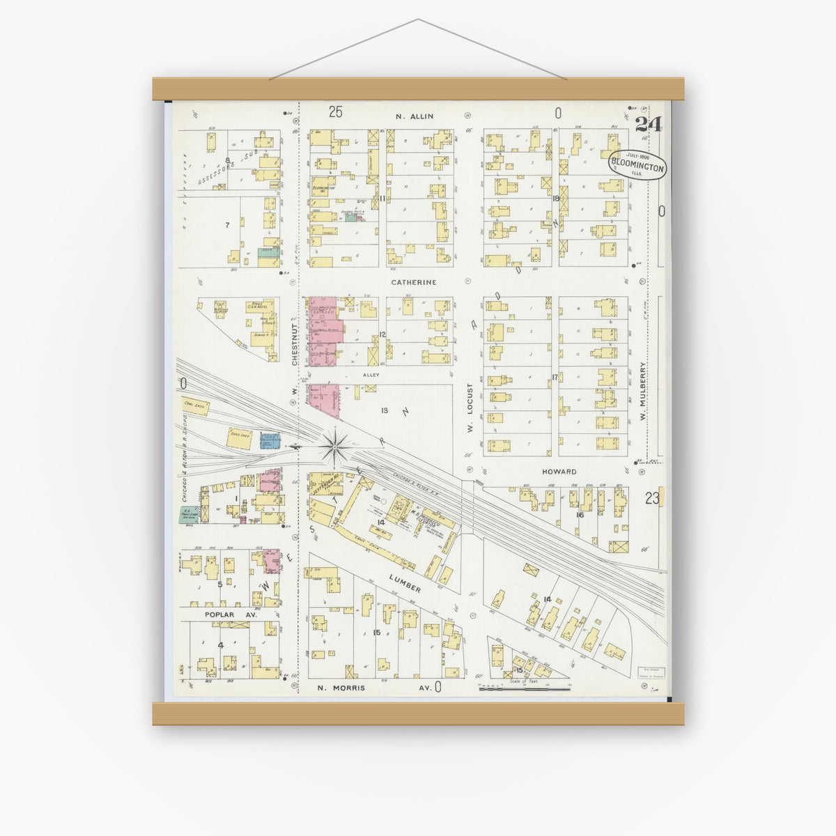 Old map wall art mockup — magnetic wood frame on white wall — Sanborn Fire Insurance Map from Bloomington, McLean County, Illinois (1896), Sheet #0024