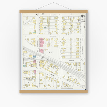 Old map wall art mockup — magnetic wood frame on white wall — Sanborn Fire Insurance Map from Bloomington, McLean County, Illinois (1896), Sheet #0024