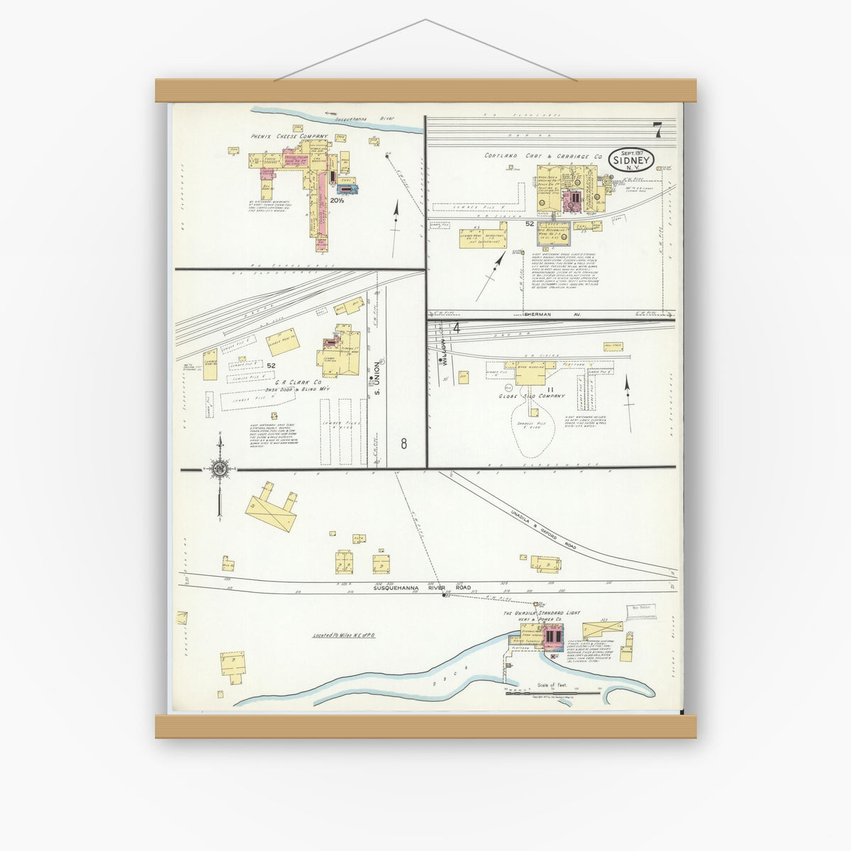 Old map wall art mockup — magnetic wood frame on white wall — Sanborn Fire Insurance Map from Sidney, Delaware County, New York (1917), Sheet #0007