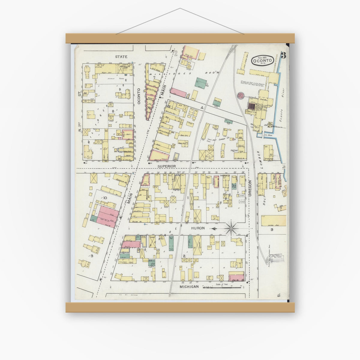 Old map wall art mockup — magnetic wood frame on white wall — Sanborn Fire Insurance Map from Oconto, Oconto County, Wisconsin (1893), Sheet #0003