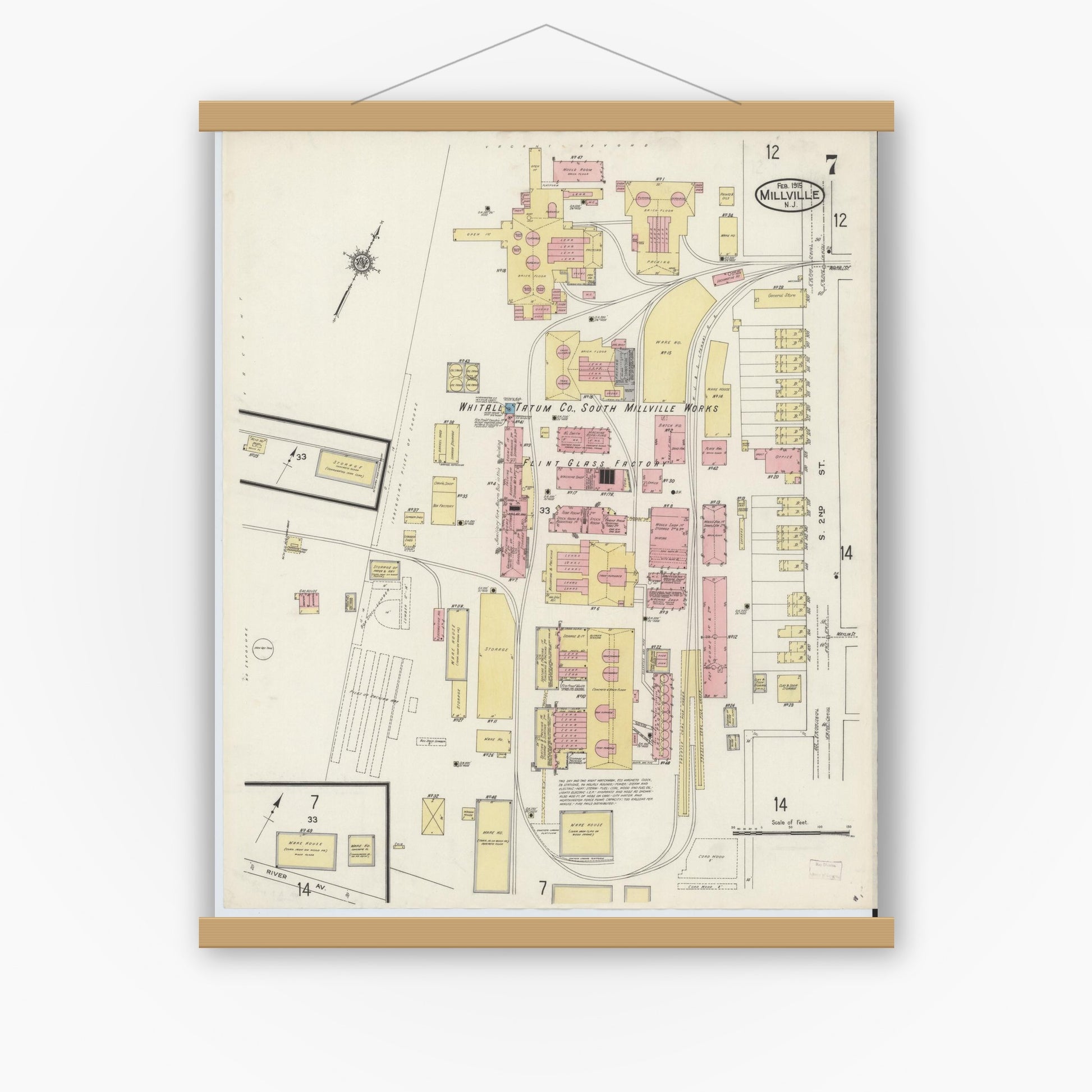 Old map wall art mockup — magnetic wood frame on white wall — Sanborn Fire Insurance Map from Millville, Cumberland County, New Jersey (1915), Sheet #0007