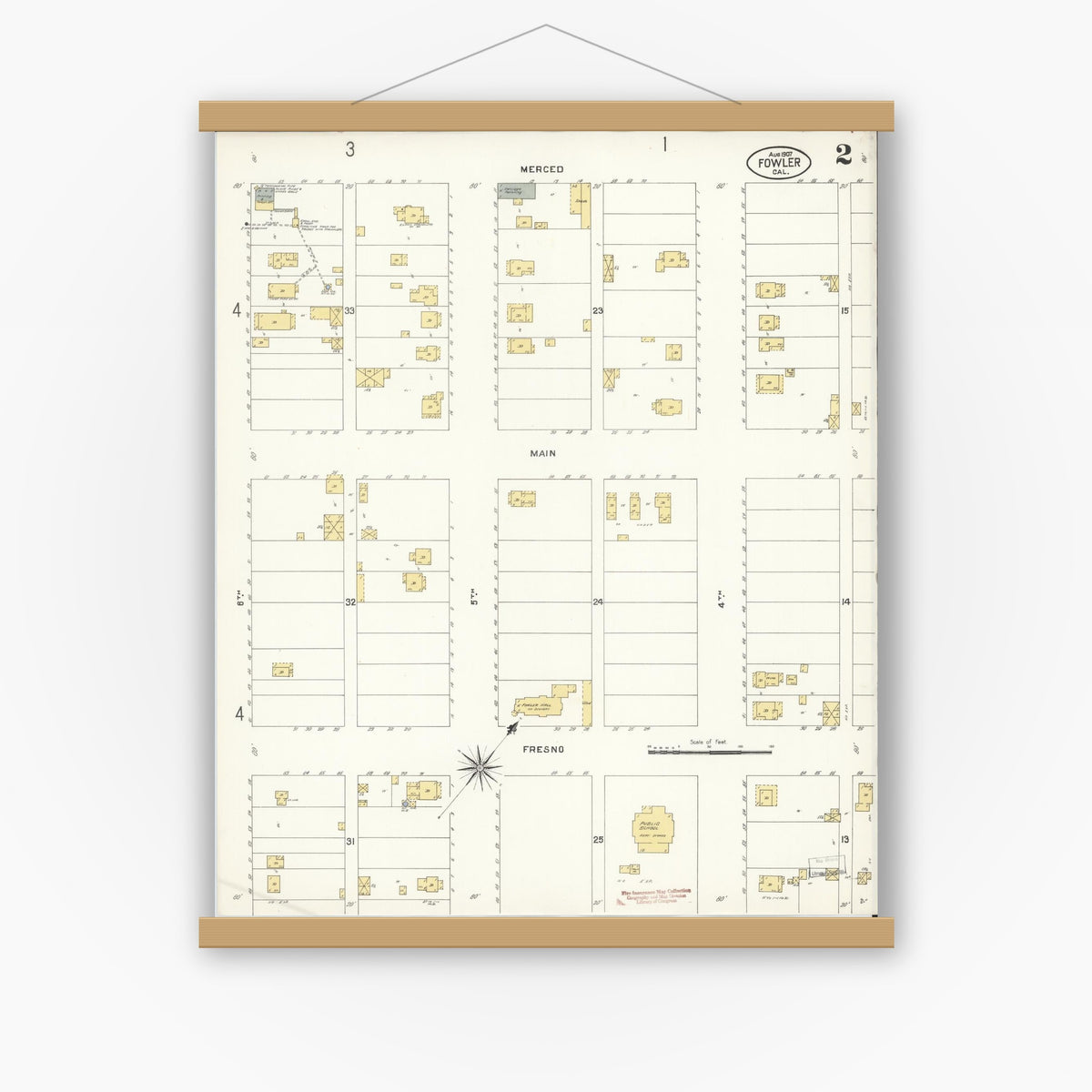 Old map wall art mockup — magnetic wood frame on white wall — Sanborn Fire Insurance Map from Fowler, Fresno County, California (1907), Sheet #0002