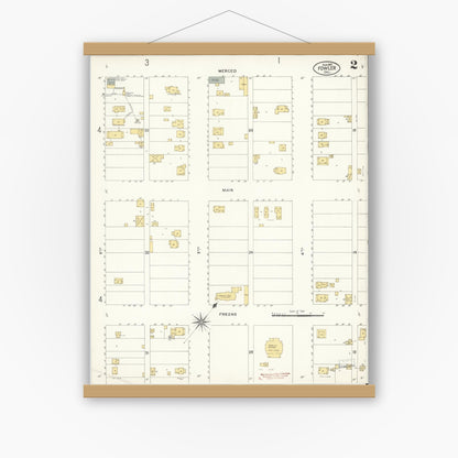Old map wall art mockup — magnetic wood frame on white wall — Sanborn Fire Insurance Map from Fowler, Fresno County, California (1907), Sheet #0002