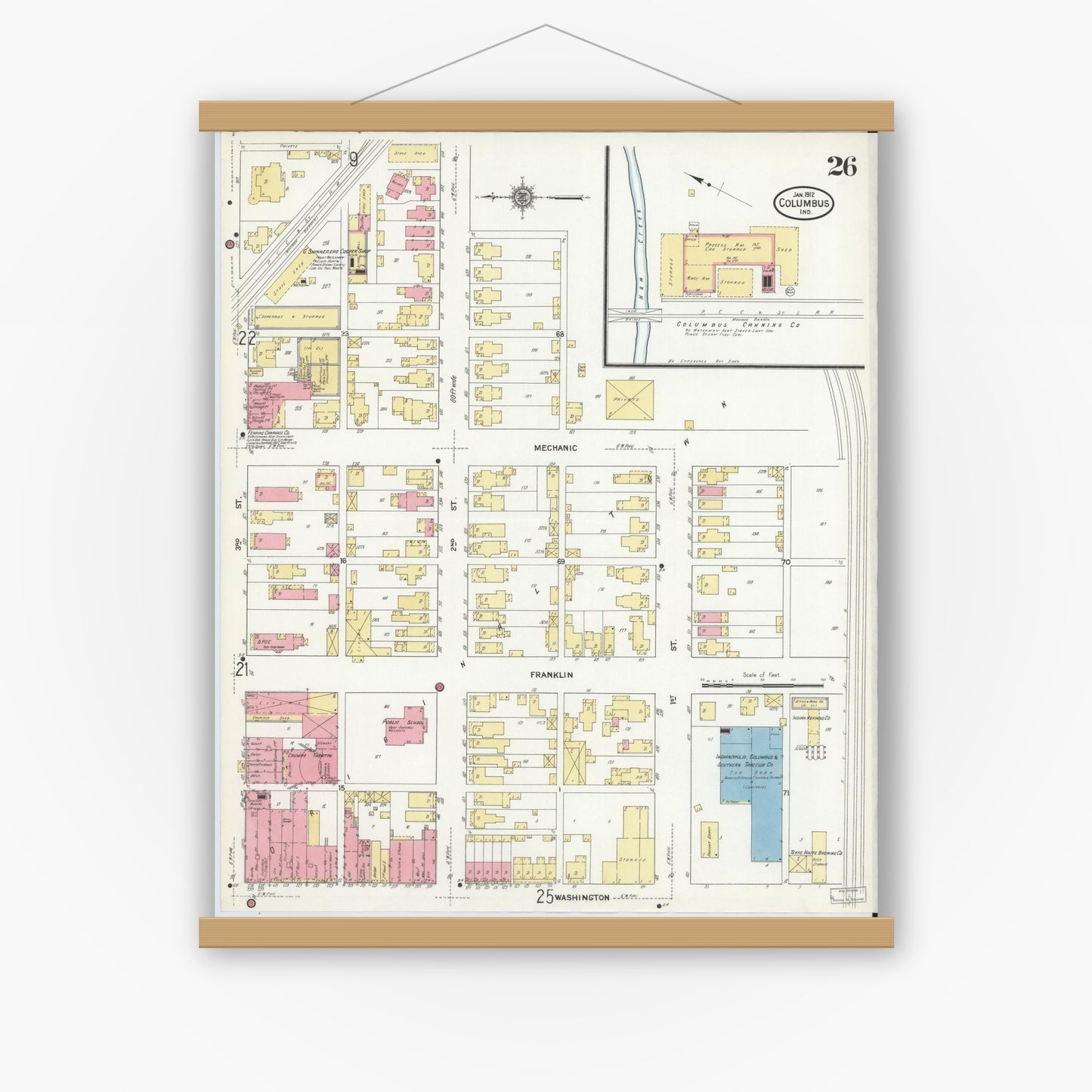 Old map wall art mockup — magnetic wood frame on white wall — Sanborn Fire Insurance Map from Columbus, Bartholomew County, Indiana (1912), Sheet #0026