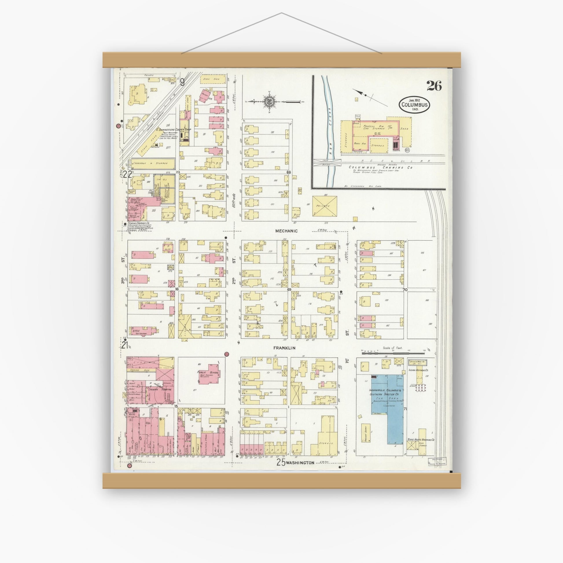 Old map wall art mockup — magnetic wood frame on white wall — Sanborn Fire Insurance Map from Columbus, Bartholomew County, Indiana (1912), Sheet #0026