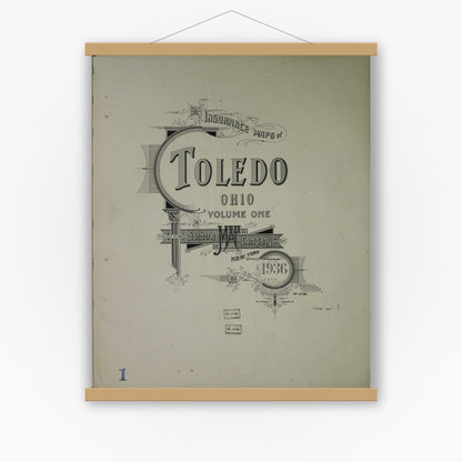 Old map wall art mockup — magnetic wood frame on white wall — Sanborn Fire Insurance Map from Toledo, Lucas County, Ohio (1936), Sheet #0001