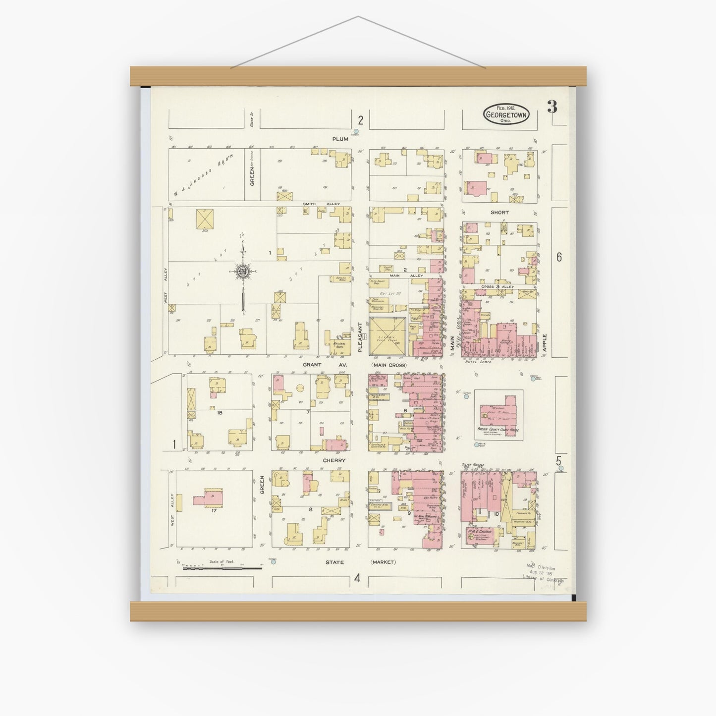 Old map wall art mockup — magnetic wood frame on white wall — Sanborn Fire Insurance Map from Georgetown, Brown County, Ohio (1912), Sheet #0003