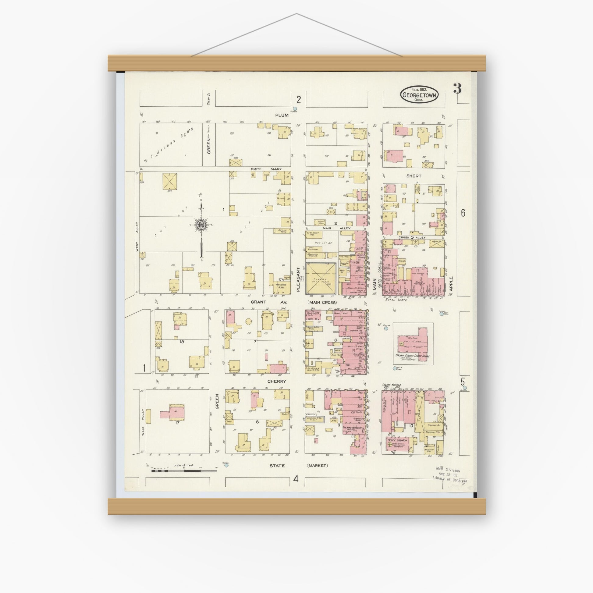 Old map wall art mockup — magnetic wood frame on white wall — Sanborn Fire Insurance Map from Georgetown, Brown County, Ohio (1912), Sheet #0003