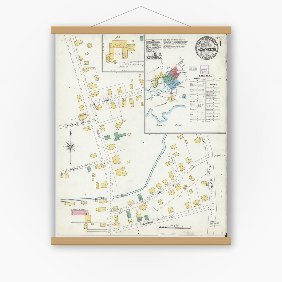 Old map wall art mockup — magnetic wood frame on white wall — Sanborn Fire Insurance Map from Manchester, Essex County, Massachusetts (1904) - Complete Map Set
