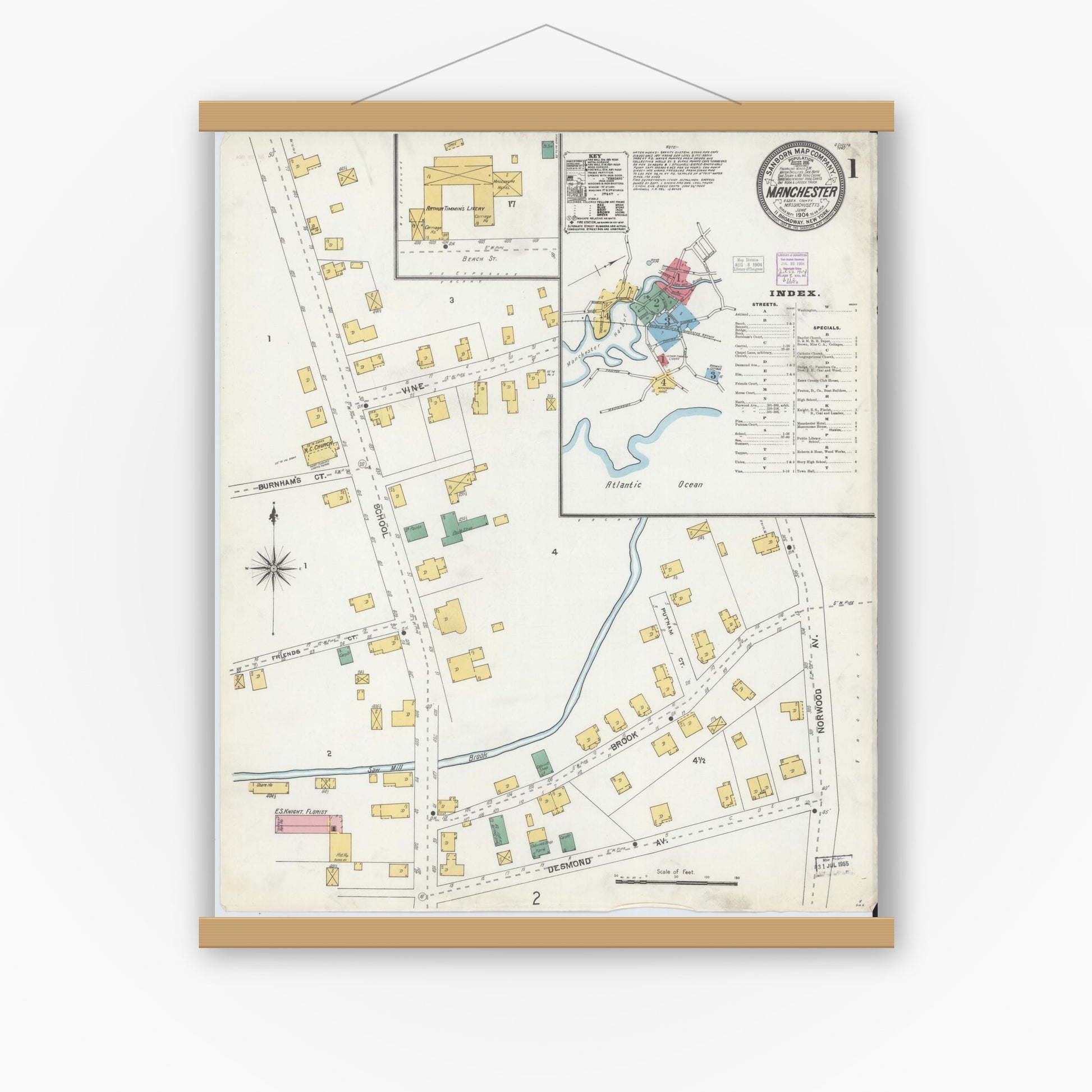 Old map wall art mockup — magnetic wood frame on white wall — Sanborn Fire Insurance Map from Manchester, Essex County, Massachusetts (1904) - Complete Map Set