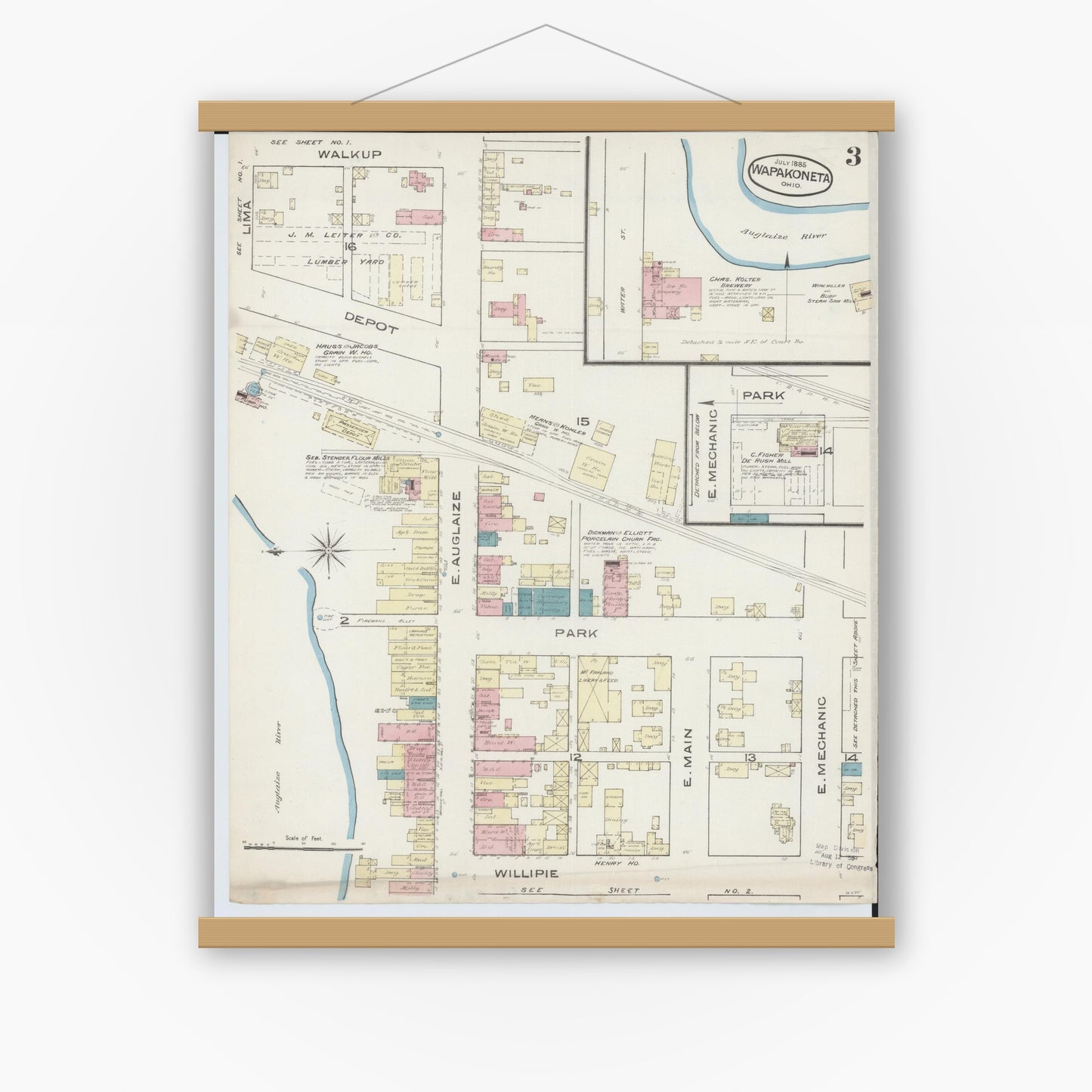 Old map wall art mockup — magnetic wood frame on white wall — Sanborn Fire Insurance Map from Wapakoneta, Auglaize County, Ohio (1885), Sheet #0003