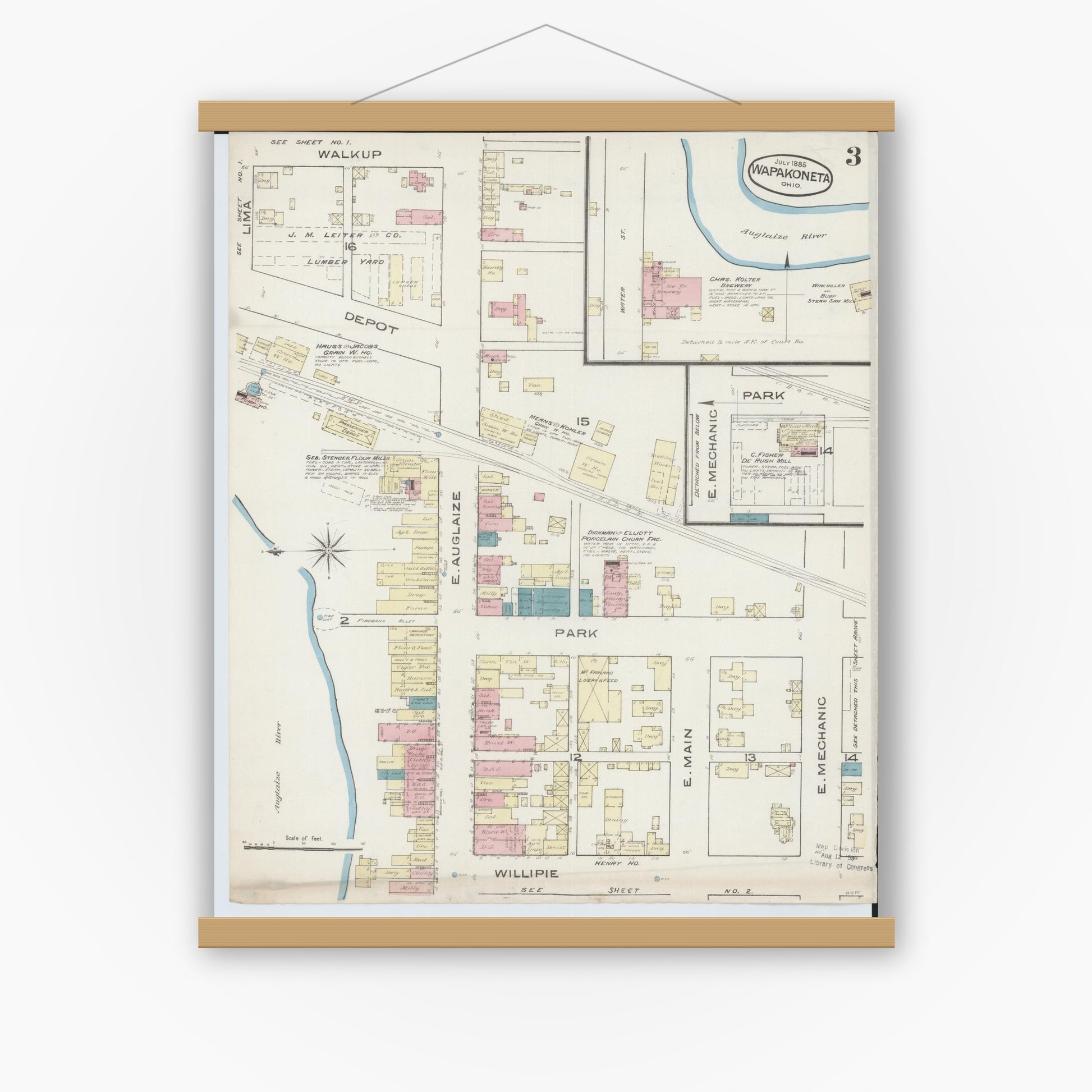Old map wall art mockup — magnetic wood frame on white wall — Sanborn Fire Insurance Map from Wapakoneta, Auglaize County, Ohio (1885), Sheet #0003