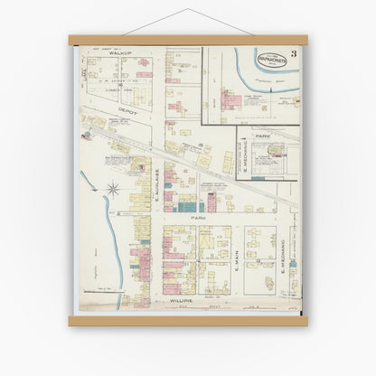 Old map wall art mockup — magnetic wood frame on white wall — Sanborn Fire Insurance Map from Wapakoneta, Auglaize County, Ohio (1885), Sheet #0003