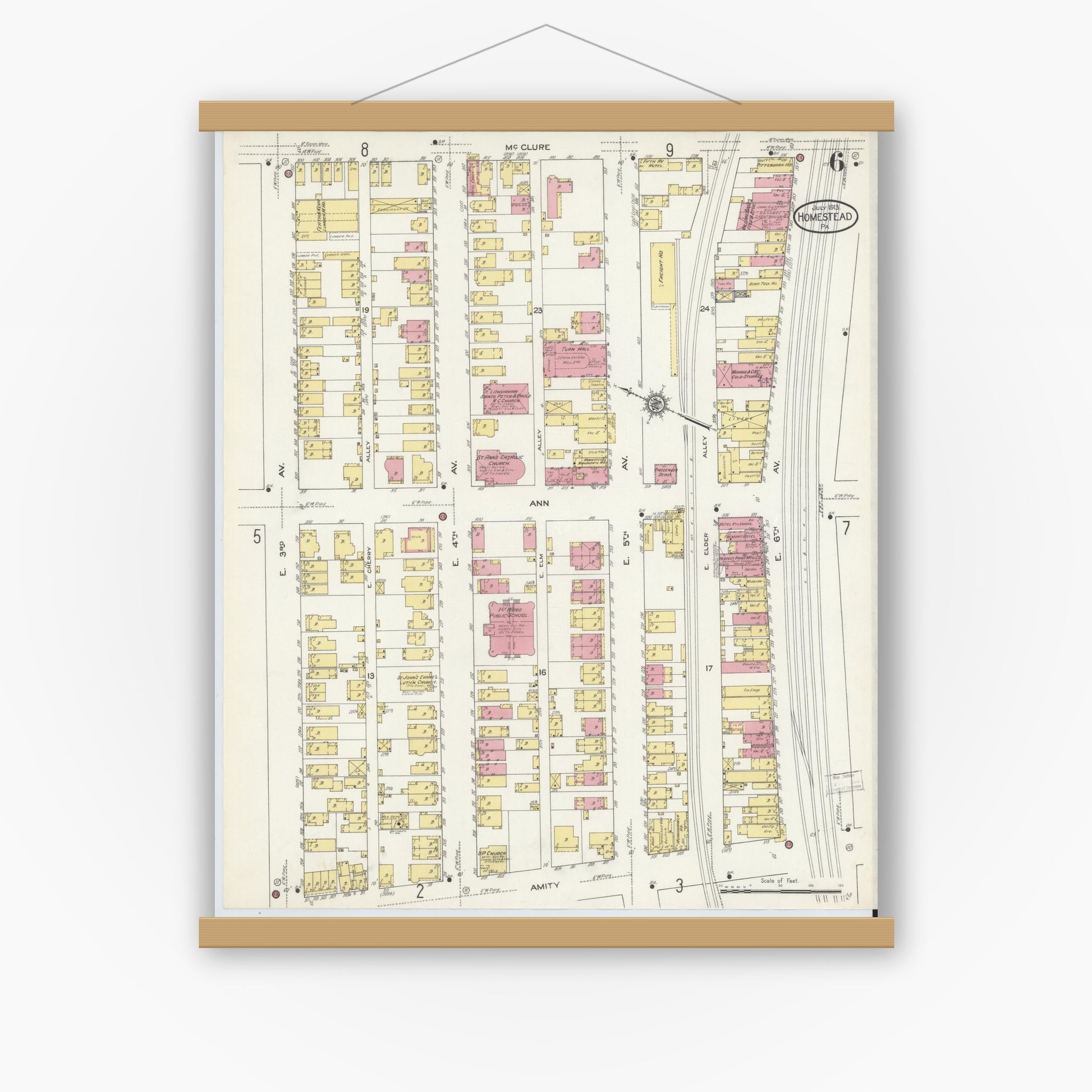 Old map wall art mockup — magnetic wood frame on white wall — Sanborn Fire Insurance Map from Homestead, Allegheny County, Pennsylvania (1913), Sheet #0006