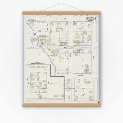 Old map wall art mockup — magnetic wood frame on white wall — Sanborn Fire Insurance Map from Waseca, Waseca County, Minnesota (1889), Sheet #0004