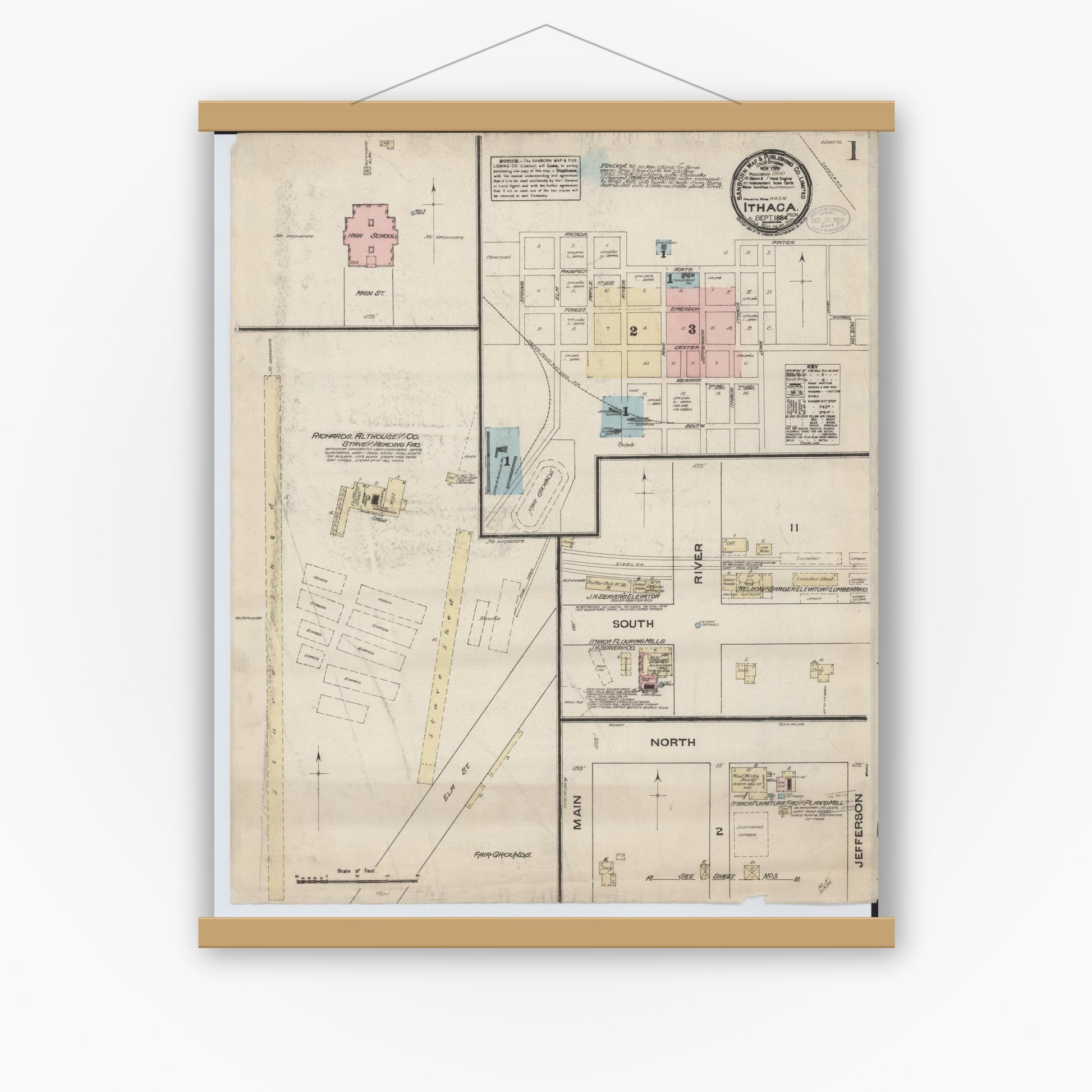 Old map wall art mockup — magnetic wood frame on white wall — Sanborn Fire Insurance Map from Ithaca, Gratiot County, Michigan (1884) - Complete Map Set