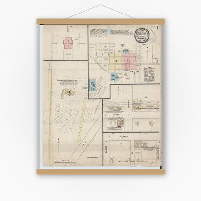 Old map wall art mockup — magnetic wood frame on white wall — Sanborn Fire Insurance Map from Ithaca, Gratiot County, Michigan (1884) - Complete Map Set