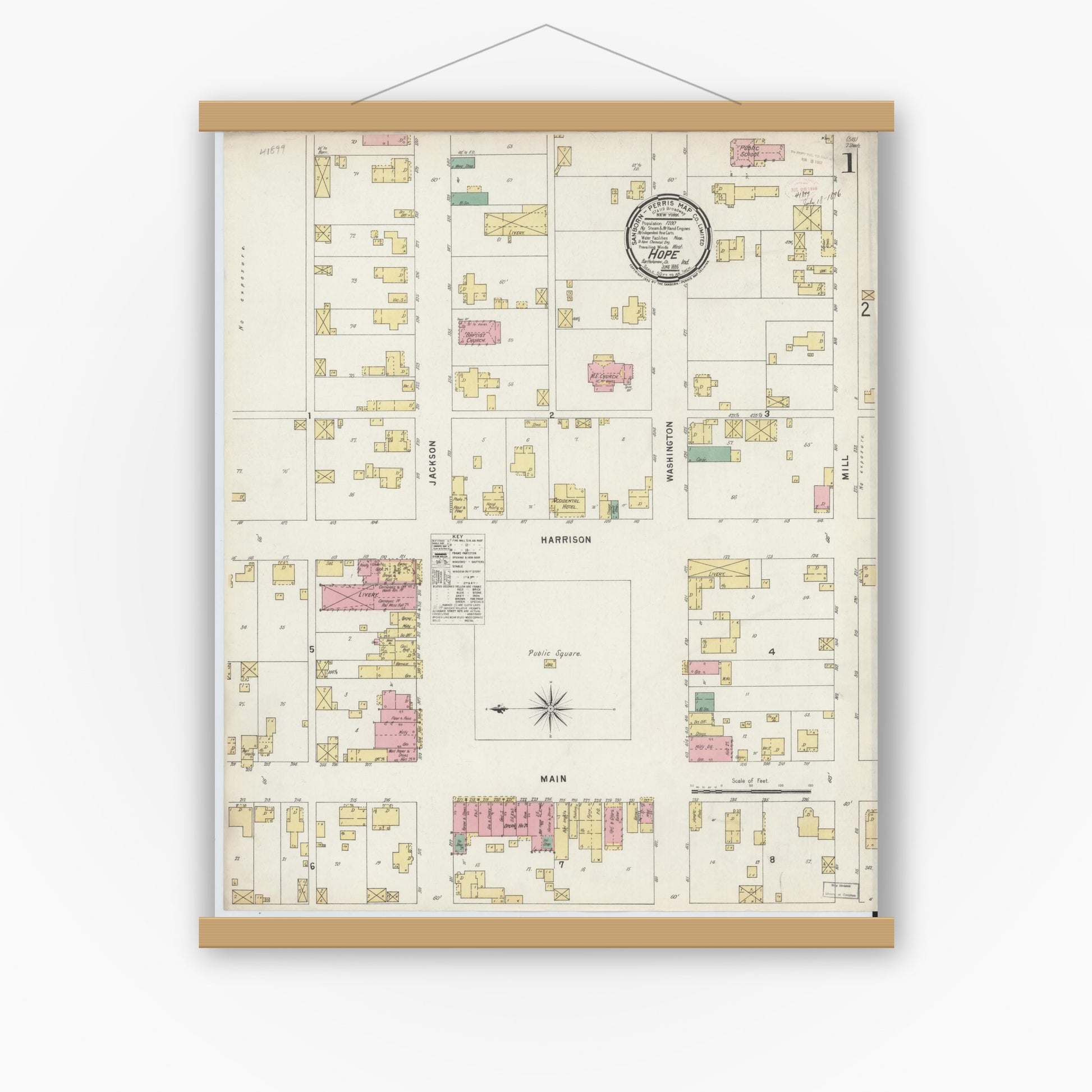 Old map wall art mockup — magnetic wood frame on white wall — Sanborn Fire Insurance Map from Hope, Bartholomew County, Indiana (1896) - Complete Map Set