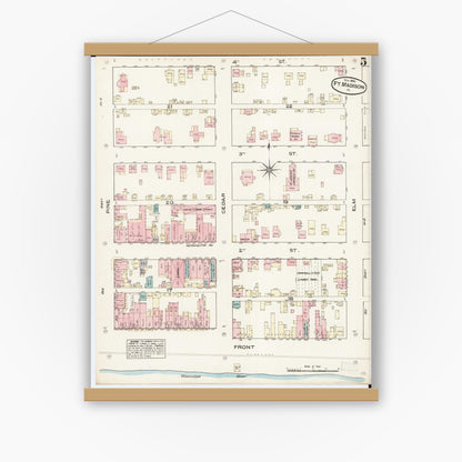 Old map wall art mockup — magnetic wood frame on white wall — Sanborn Fire Insurance Map from Fort Madison, Lee County, Iowa (1884), Sheet #0005
