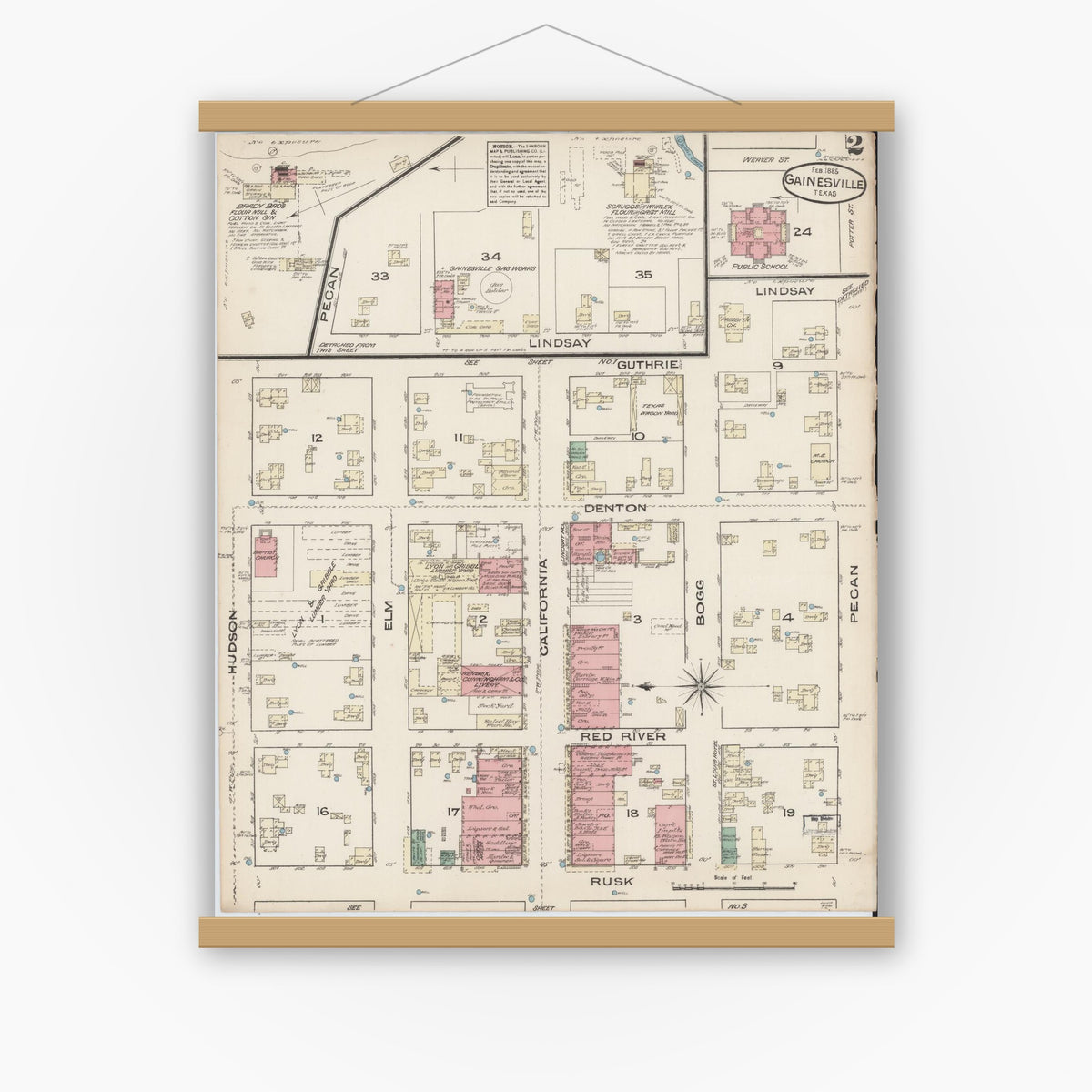 Old map wall art mockup — magnetic wood frame on white wall — Sanborn Fire Insurance Map from Gainesville, Cooke County, Texas (1885), Sheet #0002