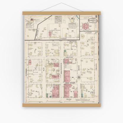 Old map wall art mockup — magnetic wood frame on white wall — Sanborn Fire Insurance Map from Gainesville, Cooke County, Texas (1885), Sheet #0002