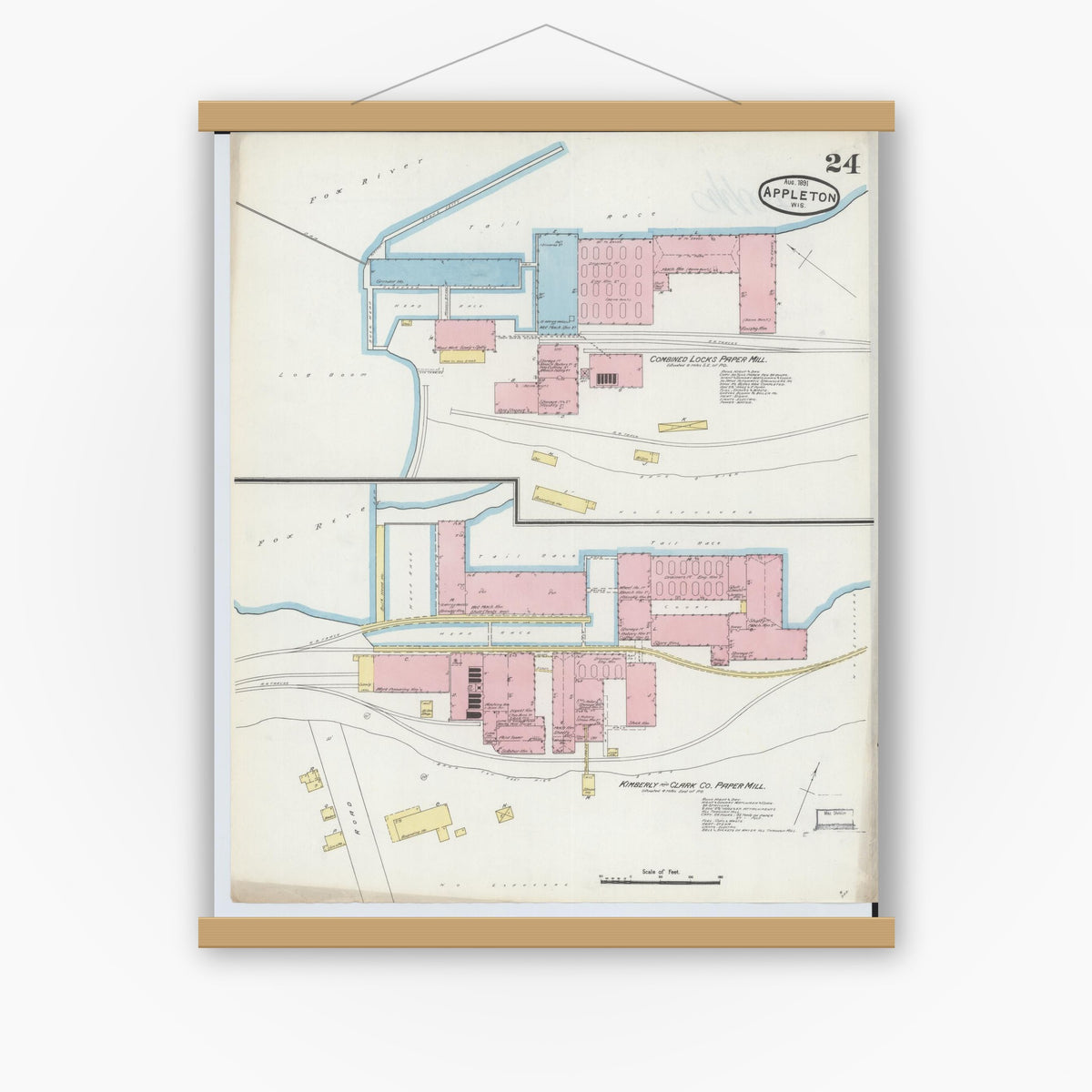 Old map wall art mockup — magnetic wood frame on white wall — Sanborn Fire Insurance Map from Appleton, Outagamie County, Wisconsin (1891), Sheet #0024
