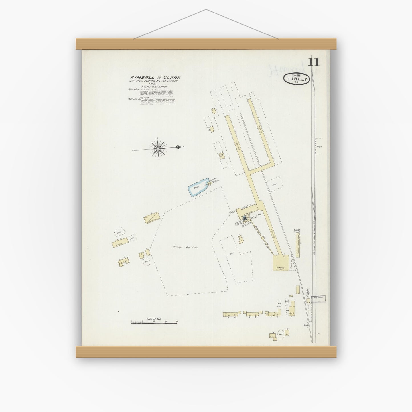 Old map wall art mockup — magnetic wood frame on white wall — Sanborn Fire Insurance Map from Hurley, Iron County, Wisconsin (1891), Sheet #0011