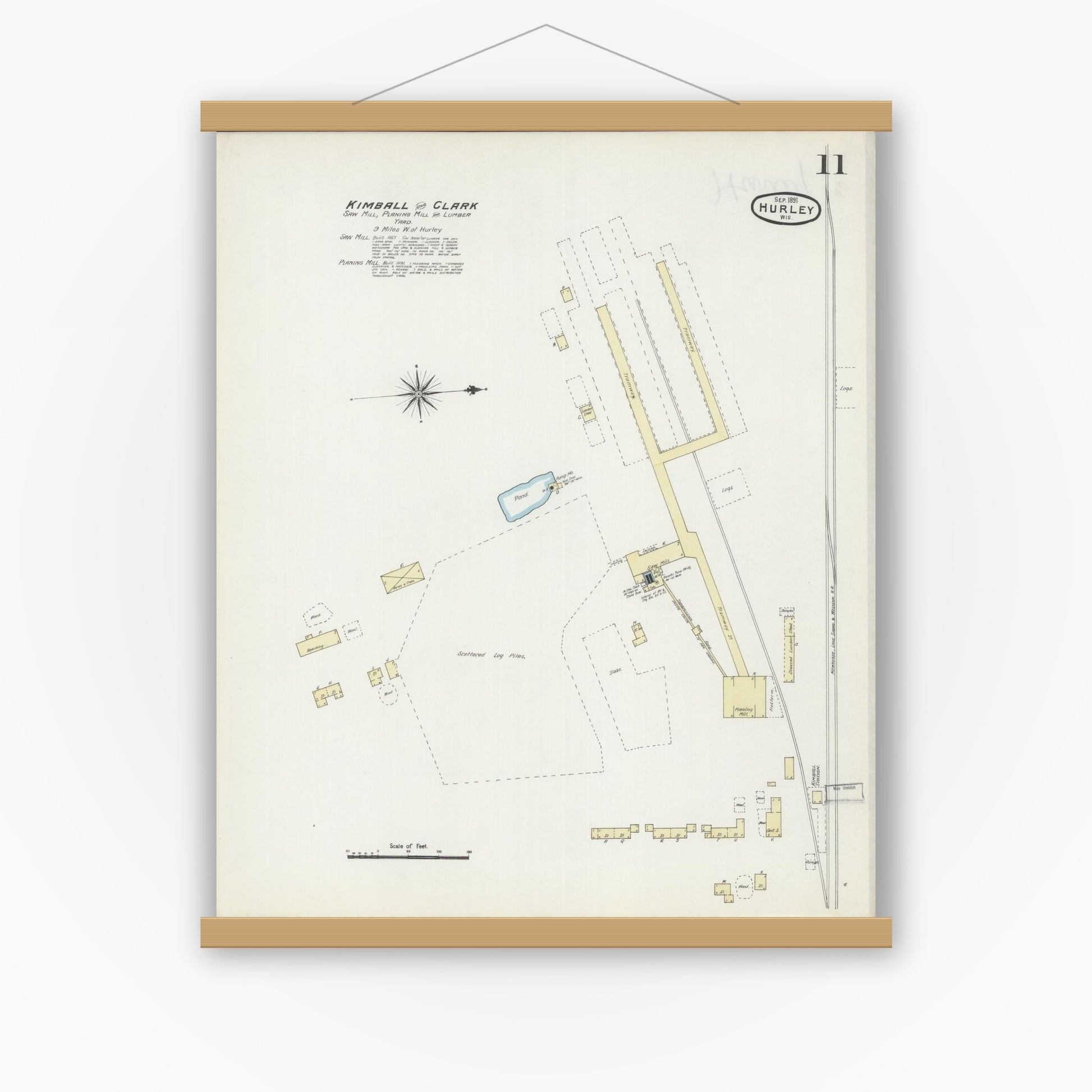 Old map wall art mockup — magnetic wood frame on white wall — Sanborn Fire Insurance Map from Hurley, Iron County, Wisconsin (1891), Sheet #0011