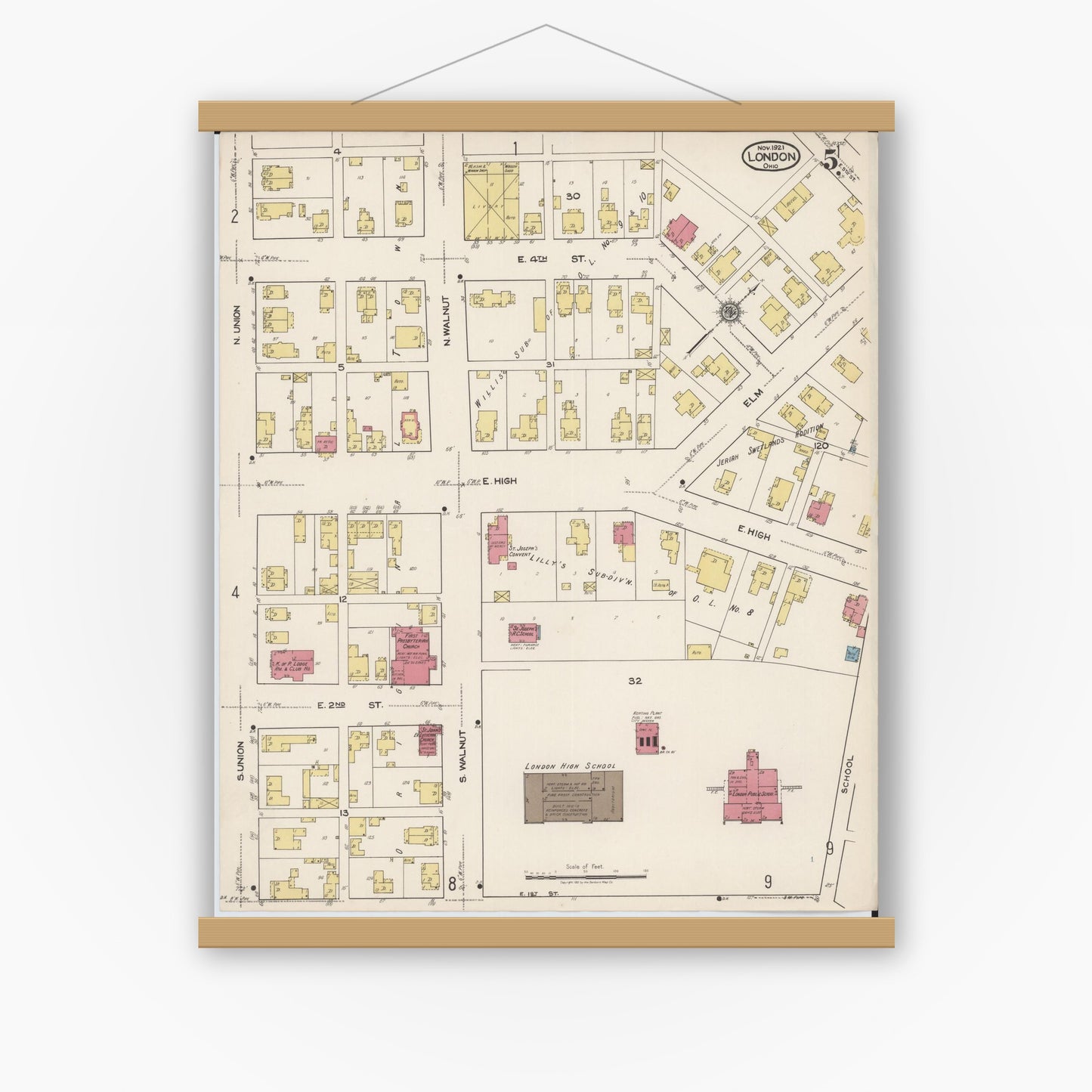 Old map wall art mockup — magnetic wood frame on white wall — Sanborn Fire Insurance Map from London, Madison County, Ohio (1921), Sheet #0005